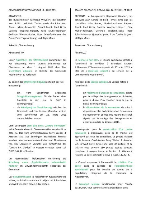 GEMEINDERATSSITZUNG VOM 12. JULI 2013 ANWESEND: der ...