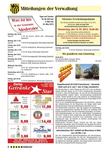 Rat beschließt Doppelhaushalt 2013/2014 - Gemeinde Niederzier