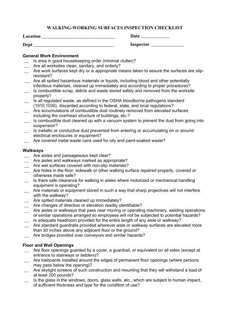 Inspection Checklist for WALKING-WORKING SURFACES