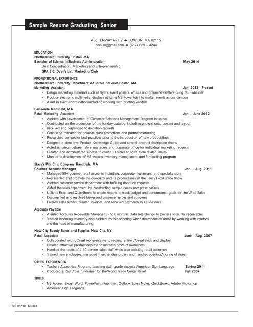 Sample Resume Graduating Senior - Northeastern University