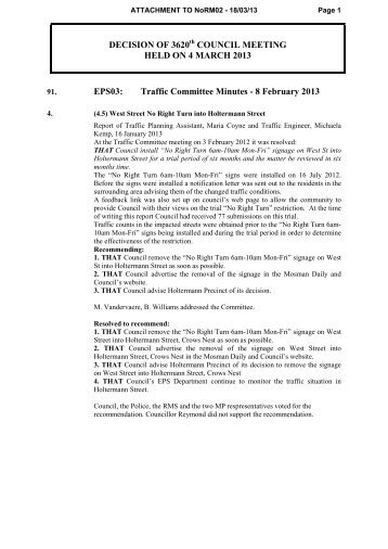 Traffic Committee Minutes - 8 February 2013 - North Sydney Council