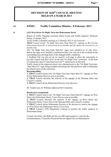 Traffic Committee Minutes - 8 February 2013 - North Sydney Council