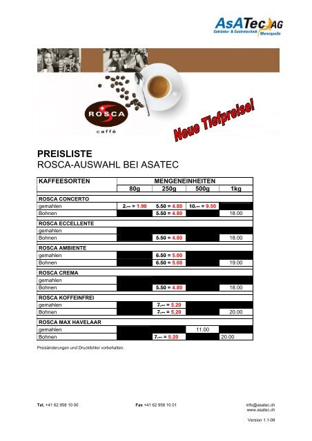 Rosca Caffè Preisliste