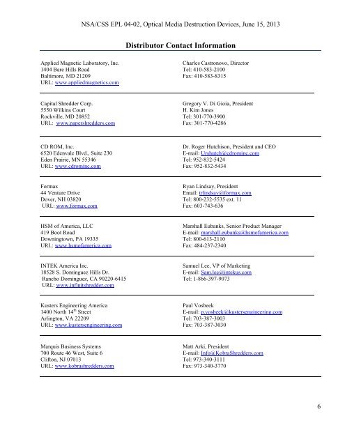 NSA/CSS Evaluated Products List for Optical Media Destruction ...