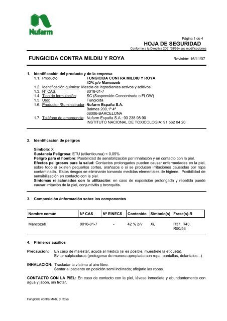 hoja de seguridad fungicida contra mildiu y roya - Nufarm