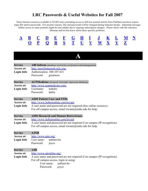 NUHS LRC E-Subscription and Access - National University of ...