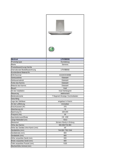 Merkmal LF91BB550 Produktgruppe Dunstabzug Marke Siemens ...