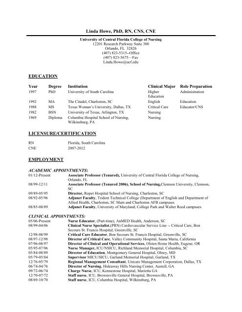 Download full curriculum vitae - UCF College of Nursing - University ...