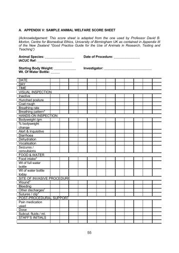 A. APPENDIX V: SAMPLE ANIMAL WELFARE SCORE SHEET ...