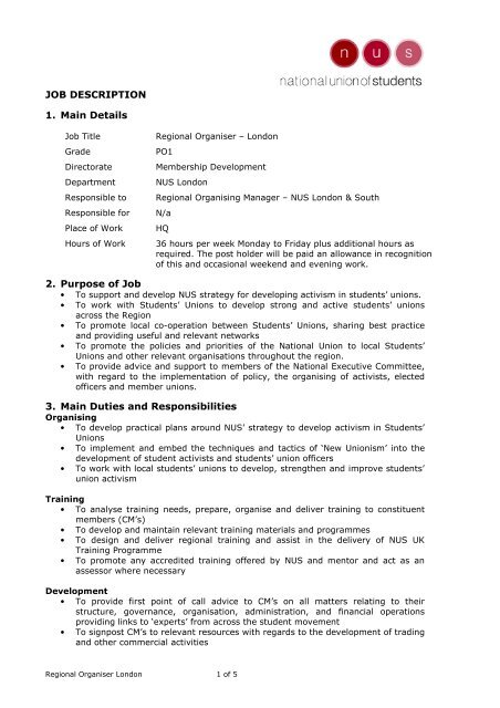 JOB DESCRIPTION 1 Main Details 2 Purpose Of Job 3 Main Duties 