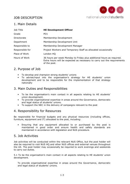 Job Description 1 Main Details 2 Purpose Of Job 3 Main Duties