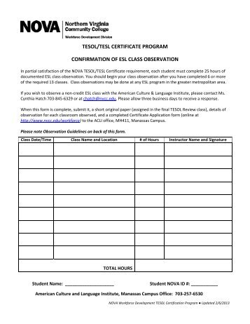 tesol/tesl certificate program confirmation of esl class observation