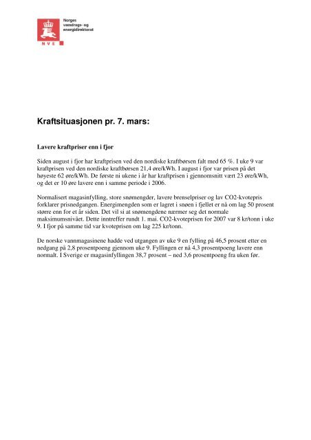 Kraftsituasjonen pr. 7. mars: - NVE