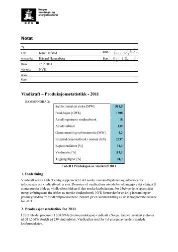 Notat Vindkraft â Produksjonsstatistikk - 2011 - NVE