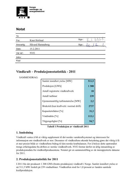 Notat Vindkraft â Produksjonsstatistikk - 2011 - NVE