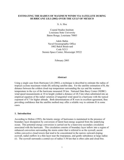 ESTIMATING THE RADIUS OF MAXIMUM WINDS VIA SATELLITE ...