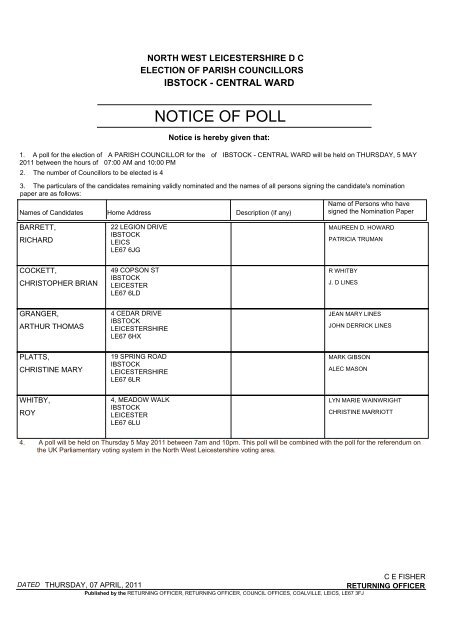 NOTICE OF POLL - North West Leicestershire District Council