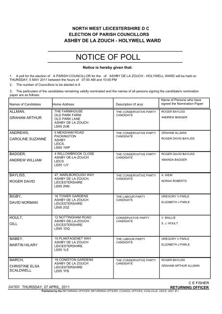 NOTICE OF POLL - North West Leicestershire District Council