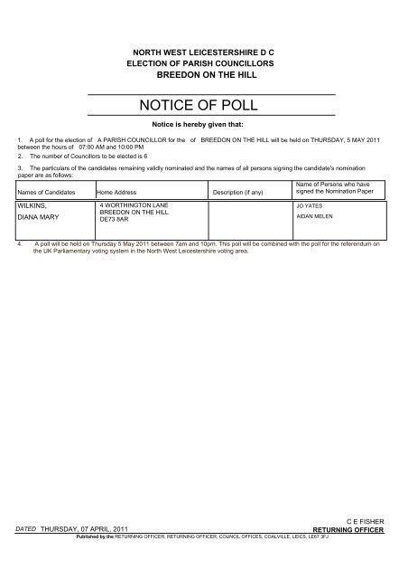 NOTICE OF POLL - North West Leicestershire District Council