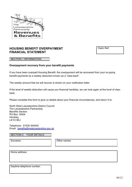 Income and Expenditure form - North West Leicestershire District ...