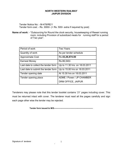1 North Western Railway Jaipur Division Tender Notice No