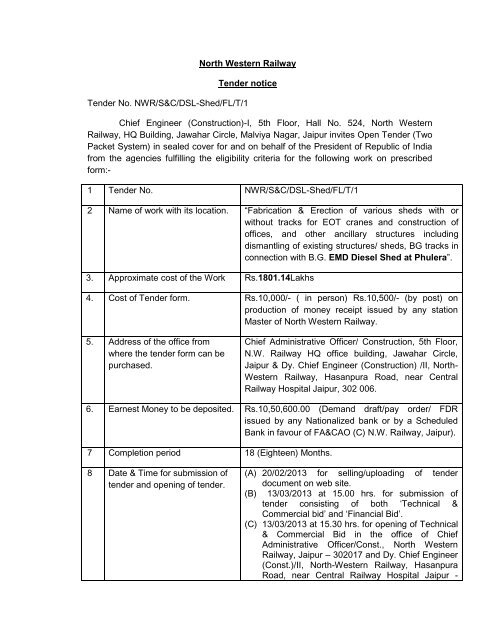 North Western Railway Tender Notice Tender No Nwr S C Dsl North Western Railway Tender Notice Tender No Nwr S C Dsl