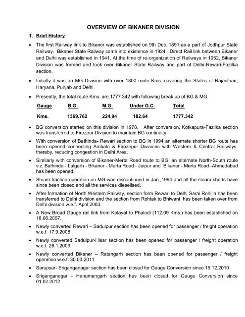 OVERVIEW OF BIKANER DIVISION - North Western Railway