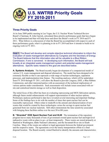 NWTRB Priority Goals - US Nuclear Waste Technical Review Board