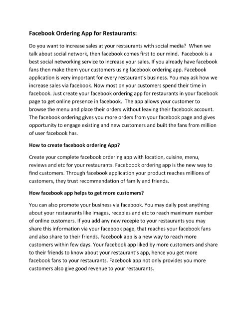 Facebook Ordering App for Restaurants