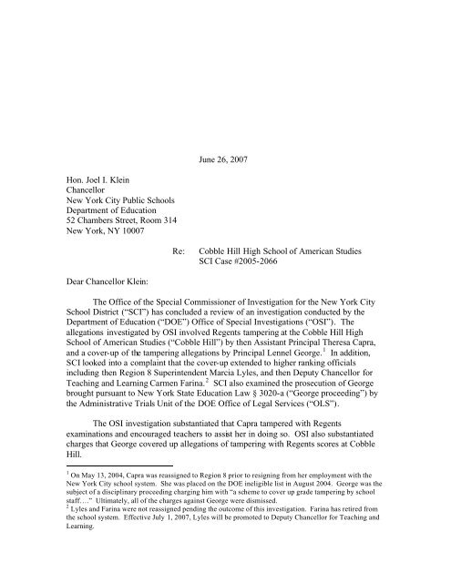 Cobble Hill letter to klein - Special Commissioner of Investigation