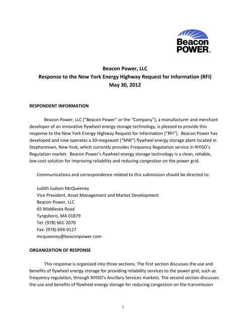Beacon Power, LLC Response to the New York Energy Highway ...