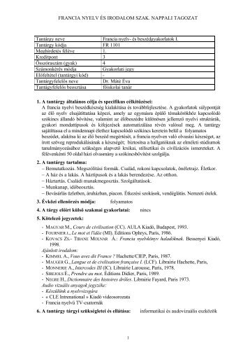 FRANCIA NYELV ÃS IRODALOM SZAK. NAPPALI TAGOZAT ...