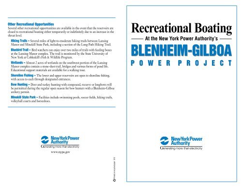 Recreational Boating BLENHEIM-GILBOA - New York Power Authority