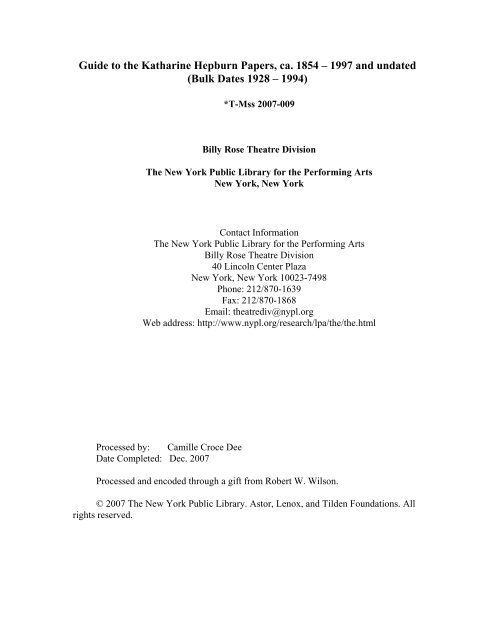 Katharine Hepburn Papers New York Public Library