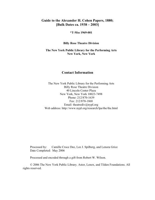 Aj Lee Porn Mr Spokk - Alexander H. Cohen Papers - New York Public Library