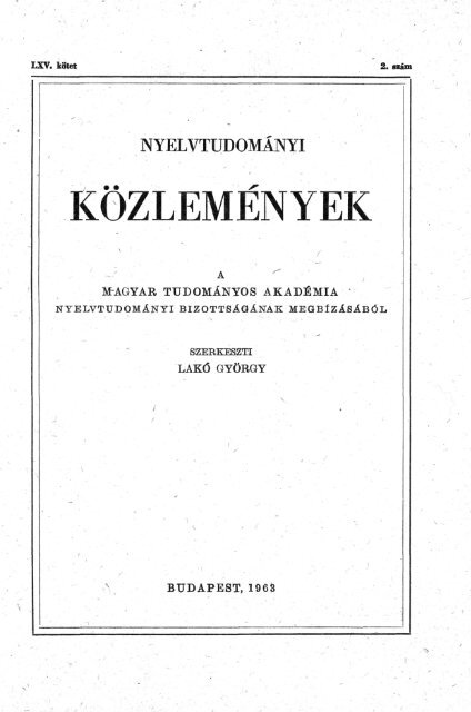 Nyelvtudományi közlemények 65. kötet (1963)