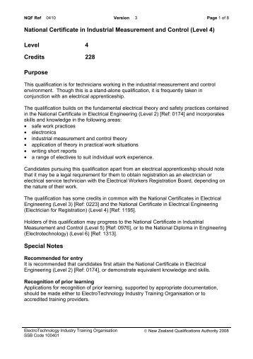National Certificate in Industrial Measurement and Control ... - NZQA