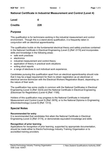 National Certificate in Industrial Measurement and Control ... - NZQA