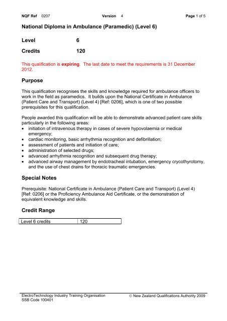 National Diploma in Ambulance (Paramedic) (Level 6) Level ... - NZQA