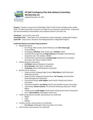 Oil Spill Contingency Plan Rule Advisory Committee Membership List