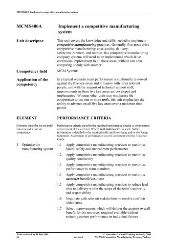 MCMS400A Implement a competitive manufacturing system - NZQA