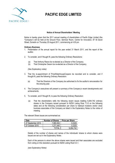 PACIFIC EDGE LIMITED - NZX