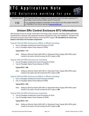 Unison ERn Control Enclosure BTU Information - ETC