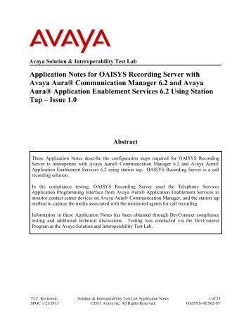 Application Notes for OAISYS Recording Server with Avaya Aura ...