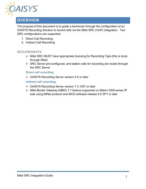 Mitel SRC Integration Guide - Oaisys