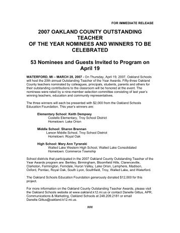 2007 OAKLAND COUNTY OUTSTANDING ... - Oakland Schools