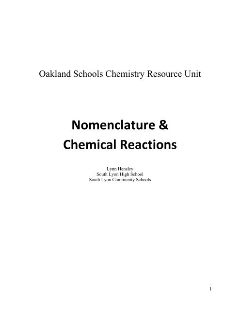 Nomenclature And Chemical Reactions Oakland Schools