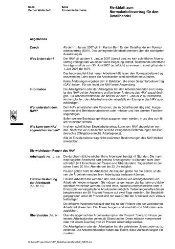 Merkblatt zum Normalarbeitsvertrag für den Detailhandel - Bern