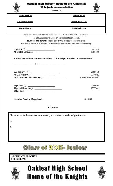 11th Grade Course Selection Sheet - Oakleaf High School
