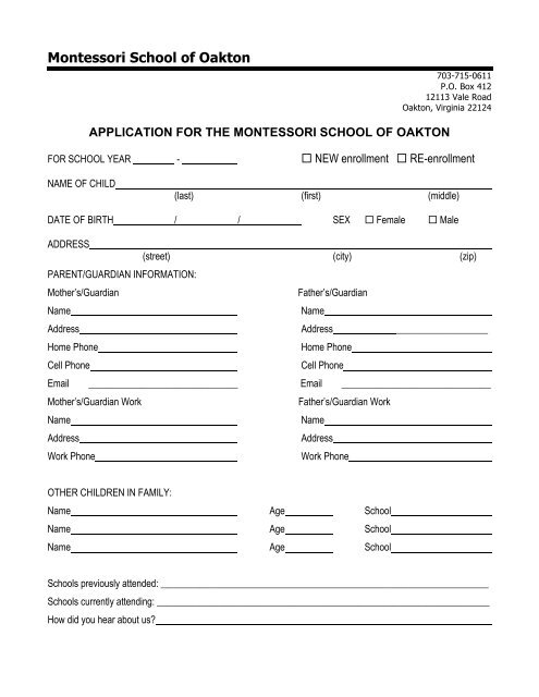 enrollment application. - The Montessori School of Oakton